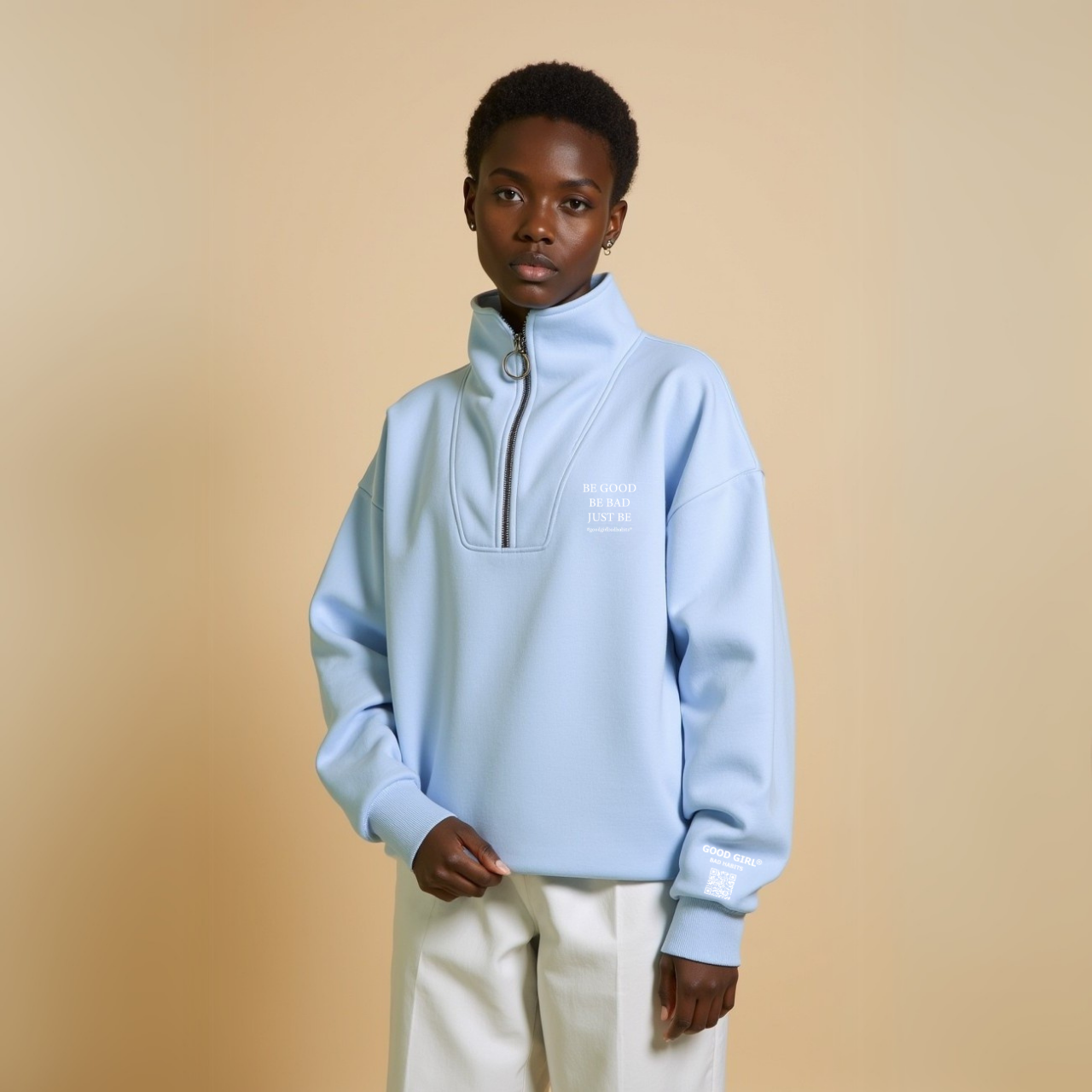 Half Zip Sweat "BE GOOD BE BAD JUST BE" - Mint GOOD GIRL BAD HABITS