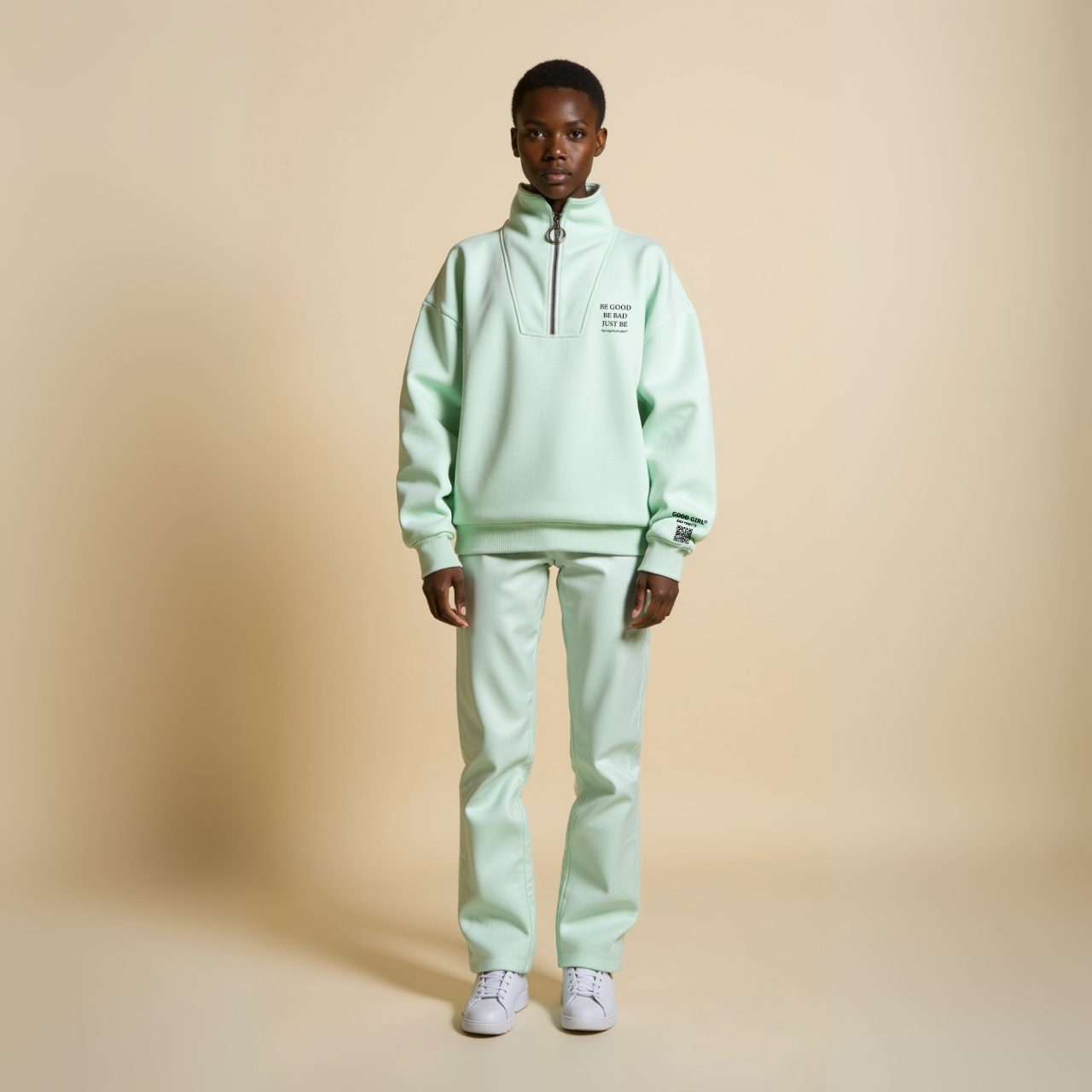 Half Zip Sweat "BE GOOD BE BAD JUST BE" - Mint GOOD GIRL BAD HABITS