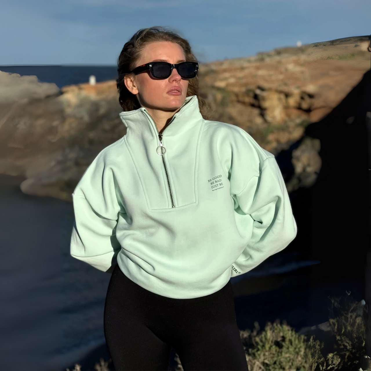Half Zip Sweat "BE GOOD BE BAD JUST BE" - Mint GOOD GIRL BAD HABITS