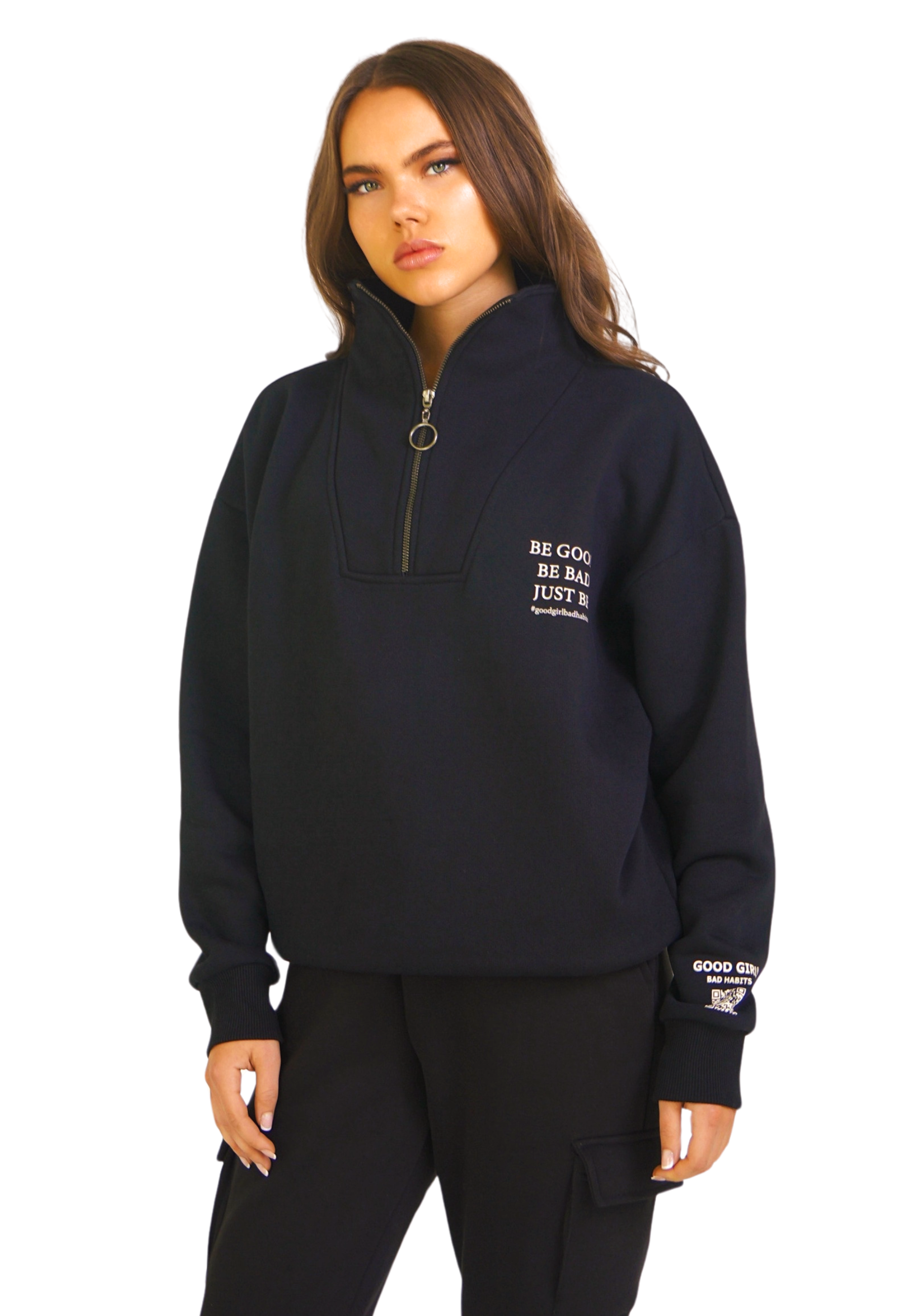 KAMULAU Half Zip Sweat Schwarz GOOD GIRL BAD HABITS