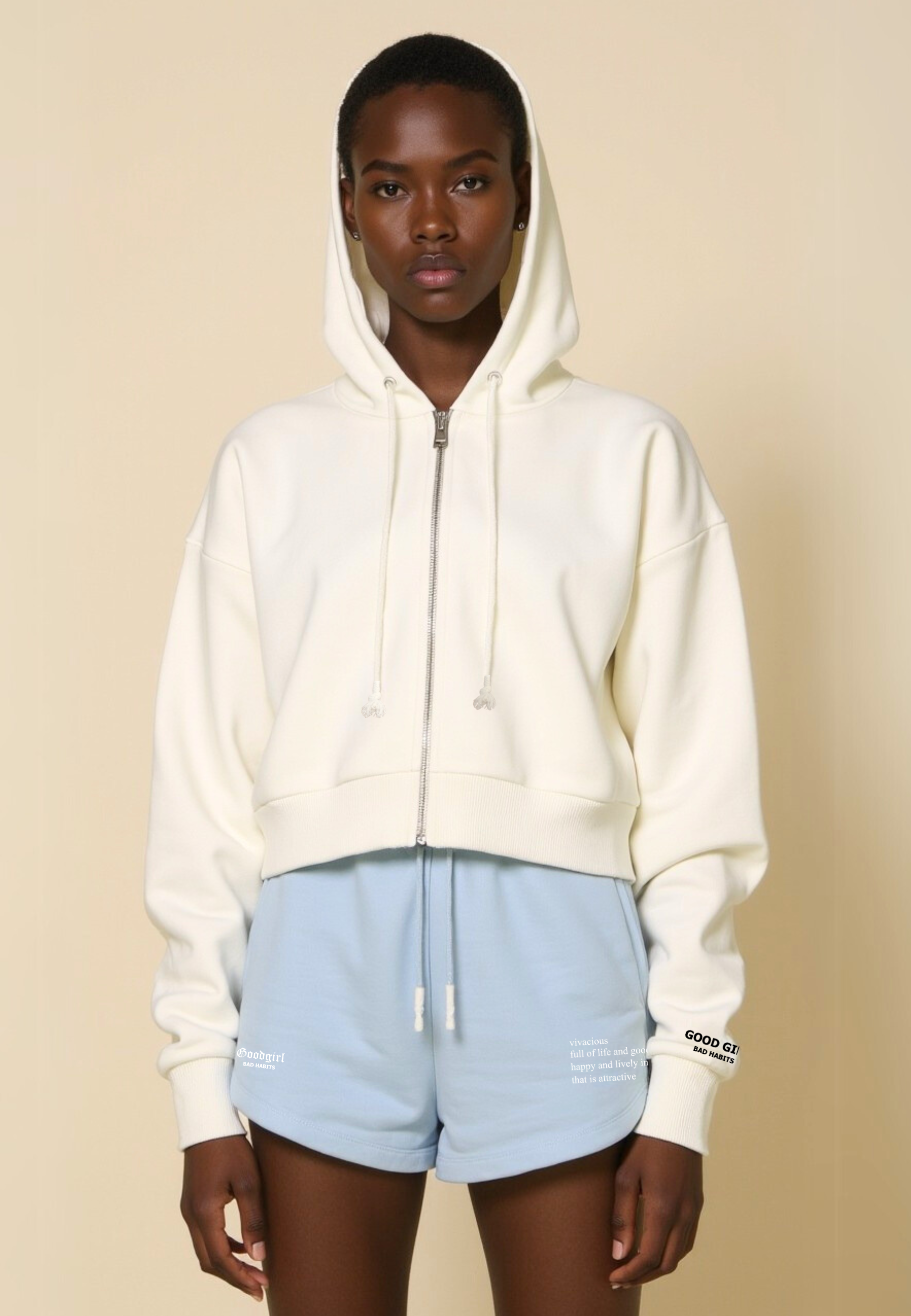 Crop Hoodie mit Reißverschluss "GGBH" - Weiss GOOD GIRL BAD HABITS