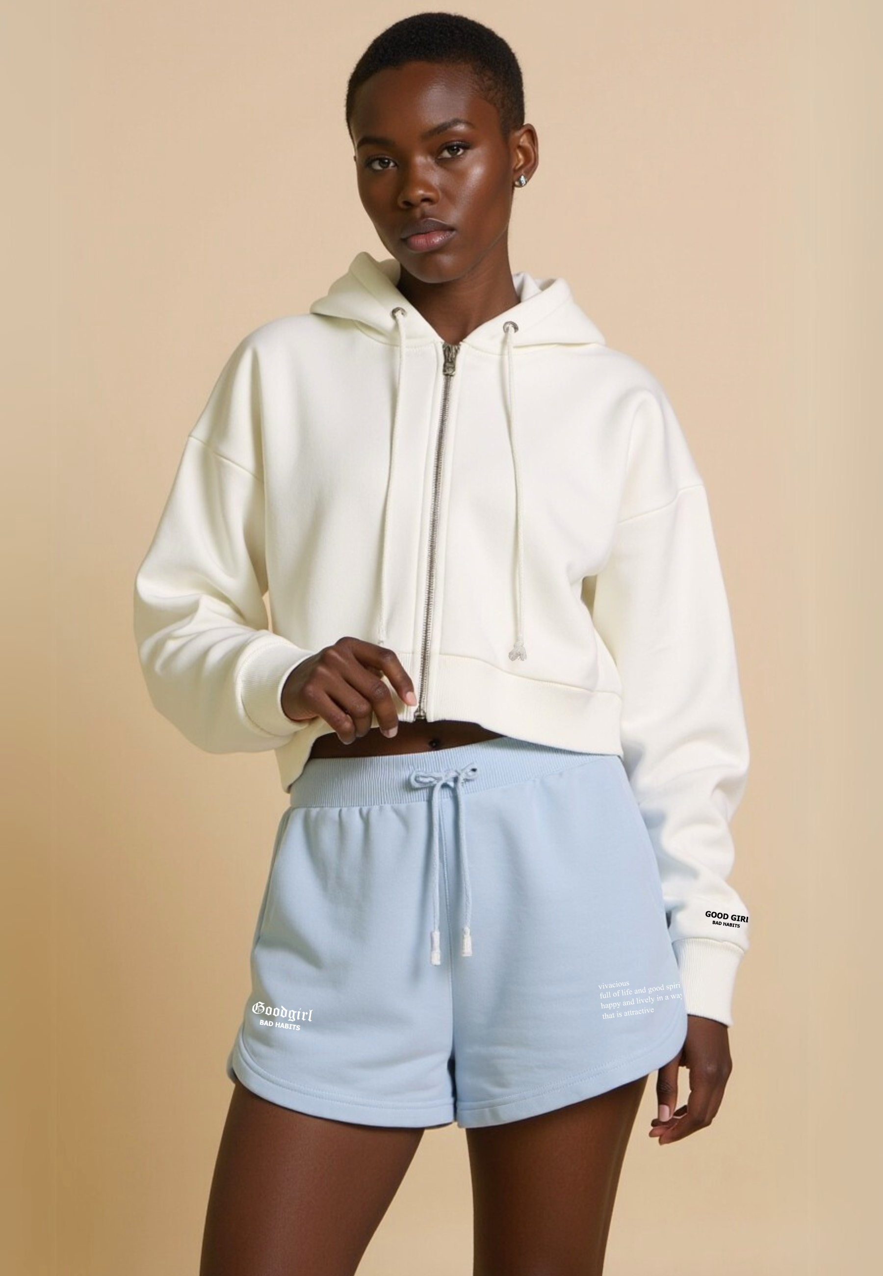 Crop Hoodie mit Reißverschluss "GGBH" - Weiss GOOD GIRL BAD HABITS
